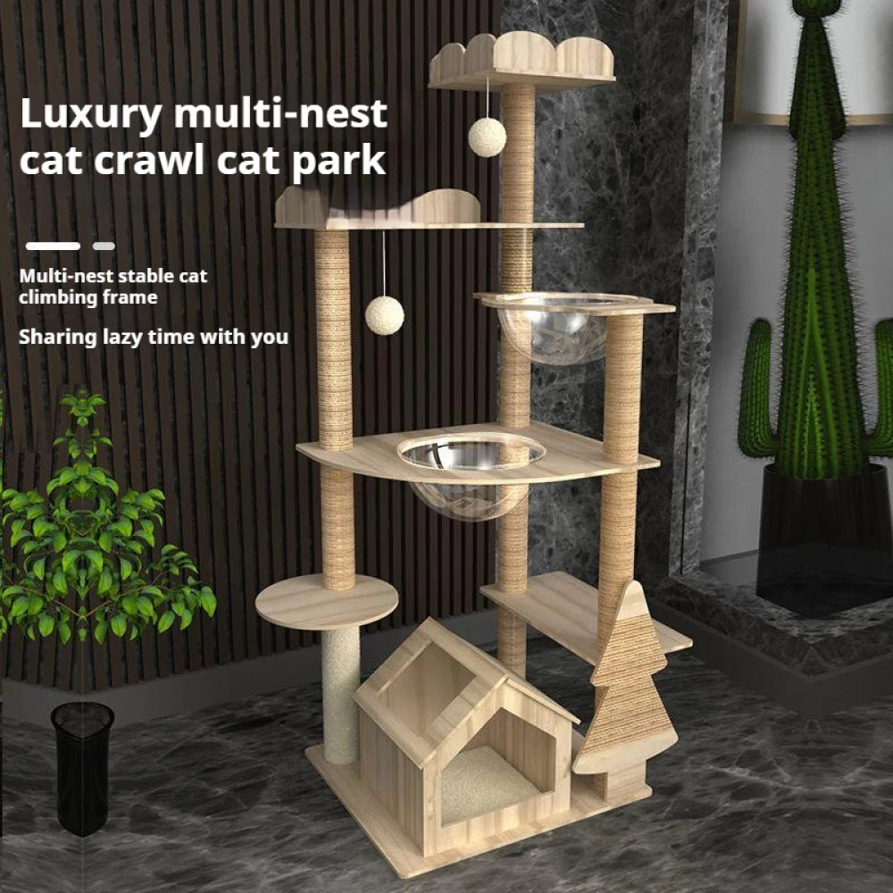 5-Tier Solid Wood Cat Tree – Luxury Castle with Scratching Posts, Hammock & Capsule