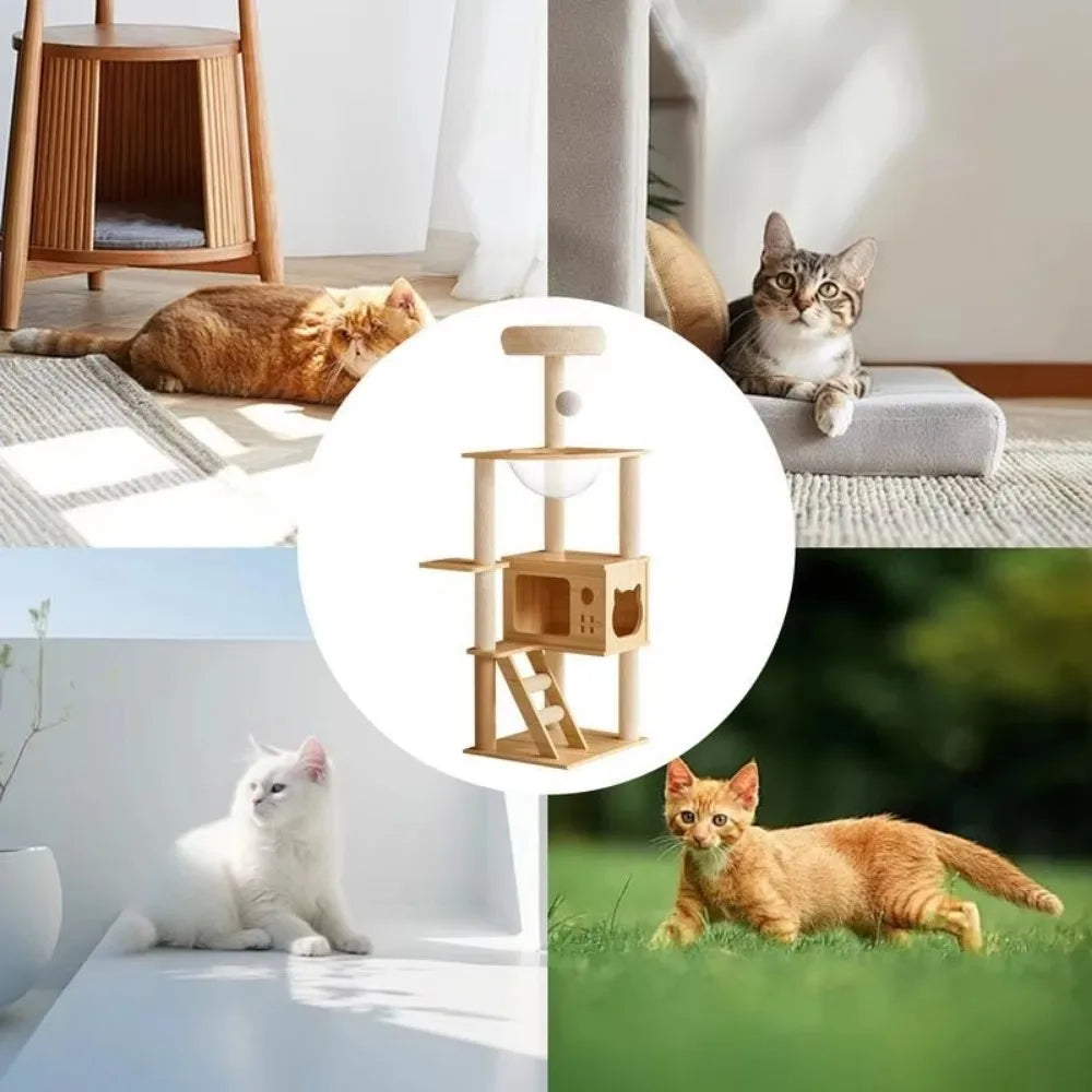 5-Tier Solid Wood Cat Tree – Luxury Castle with Scratching Posts, Hammock & Capsule