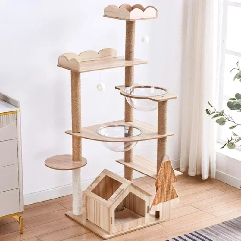 5-Tier Solid Wood Cat Tree – Luxury Castle with Scratching Posts, Hammock & Capsule