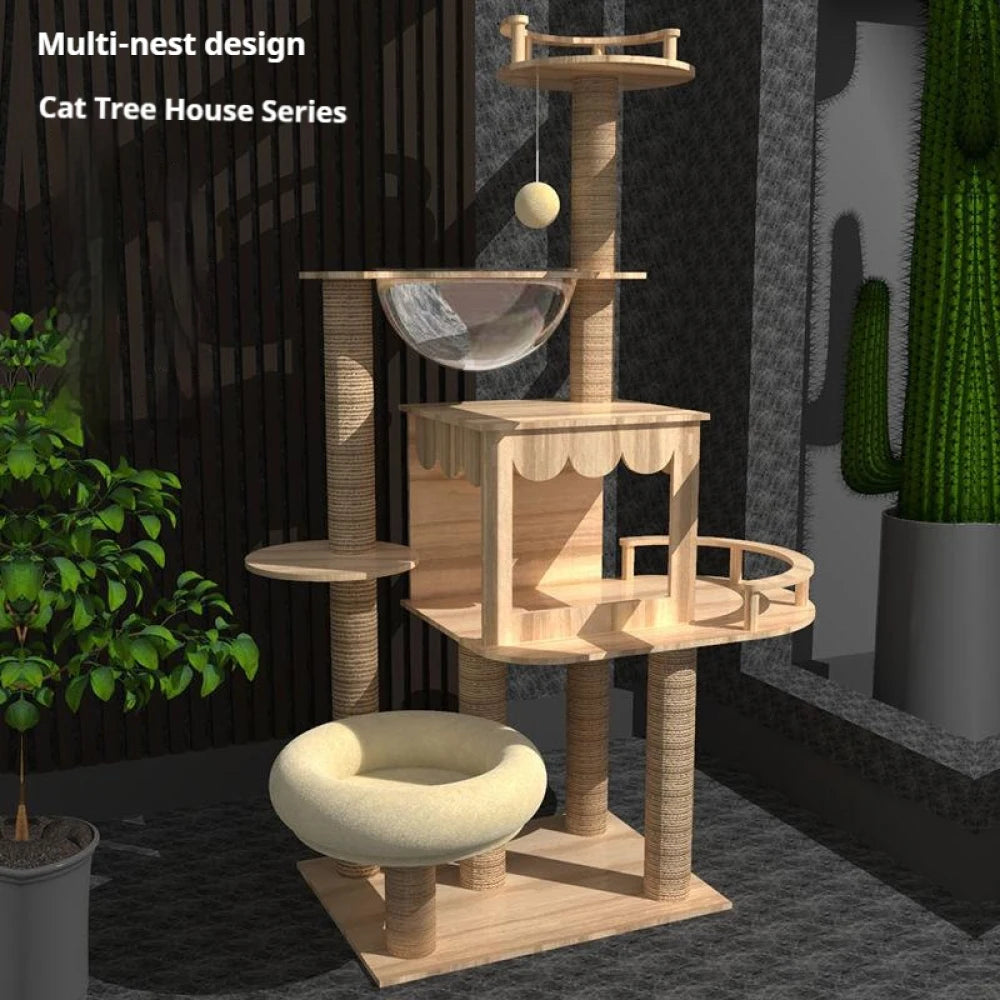 5-Tier Solid Wood Cat Tree – Luxury Castle with Scratching Posts, Hammock & Capsule