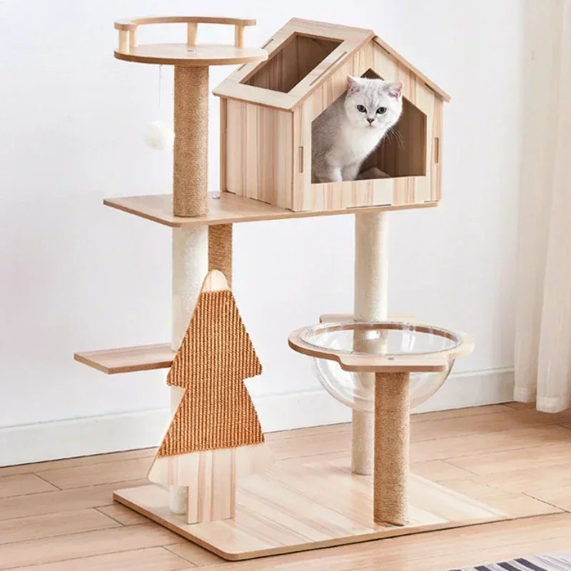 5-Tier Solid Wood Cat Tree – Luxury Castle with Scratching Posts, Hammock & Capsule