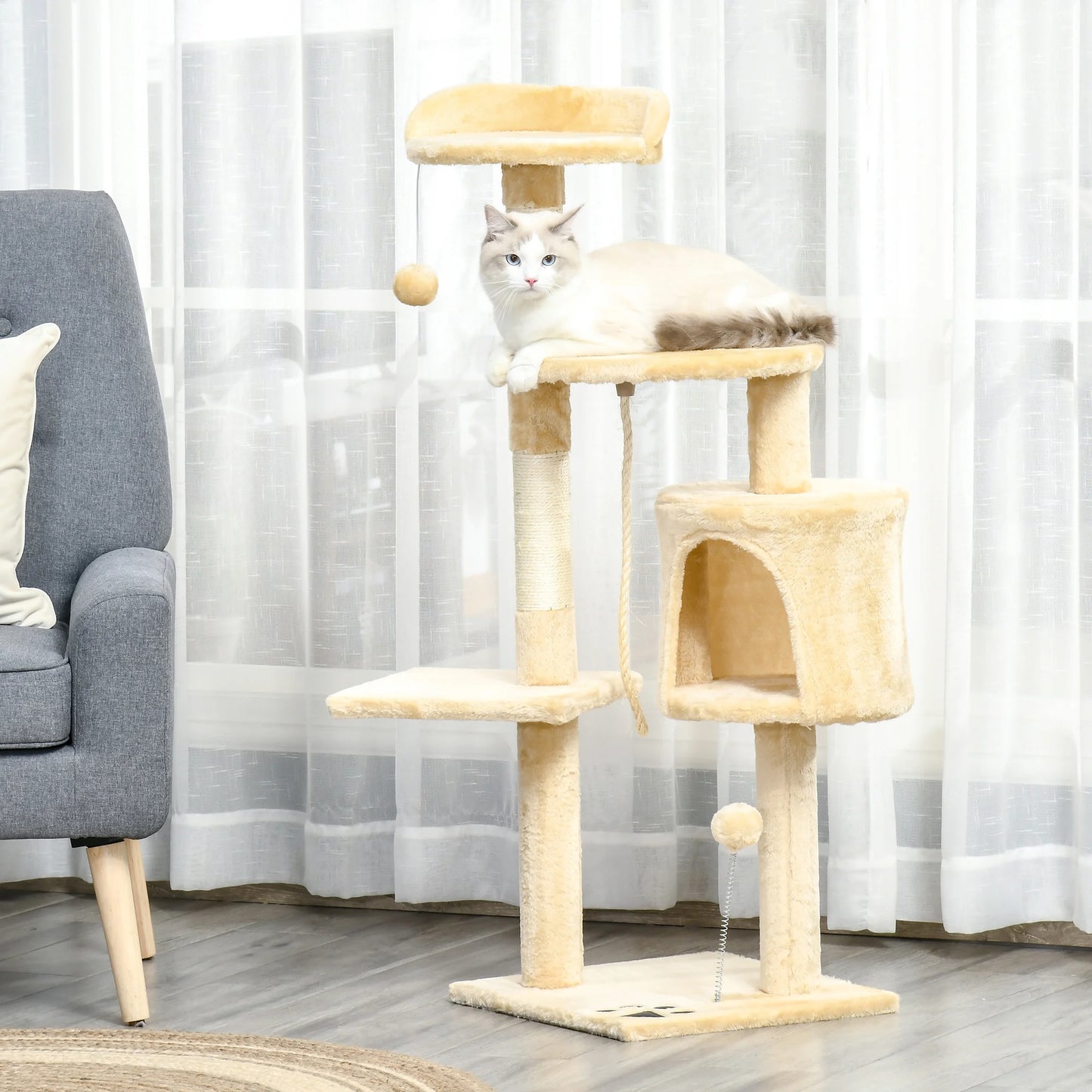 4-Tier Cat Tree with Scratching Posts, Plush Booth & Play Balls – Multi-Level Playhouse for Cats