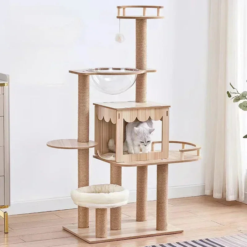 5-Tier Solid Wood Cat Tree – Luxury Castle with Scratching Posts, Hammock & Capsule