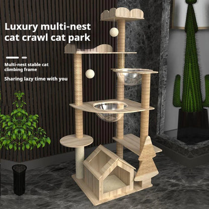 5-Tier Solid Wood Cat Tree – Luxury Castle with Scratching Posts, Hammock & Capsule