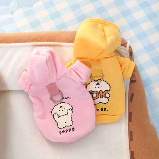 Autumn/Winter Pet Hoodies – Milk Silk & Flannel, Cute Dog Print with Drawstring