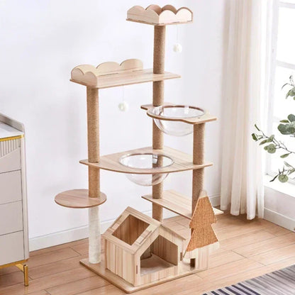 5-Tier Solid Wood Cat Tree – Luxury Castle with Scratching Posts, Hammock & Capsule