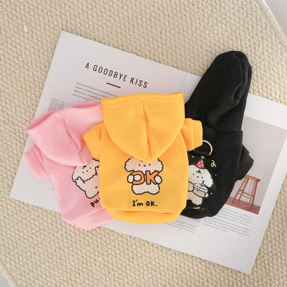 Autumn/Winter Pet Hoodies – Milk Silk & Flannel, Cute Dog Print with Drawstring