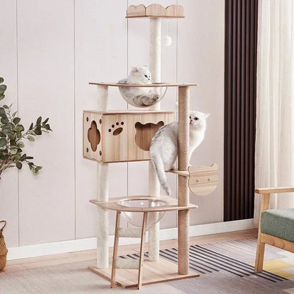 5-Tier Solid Wood Cat Tree – Luxury Castle with Scratching Posts, Hammock & Capsule