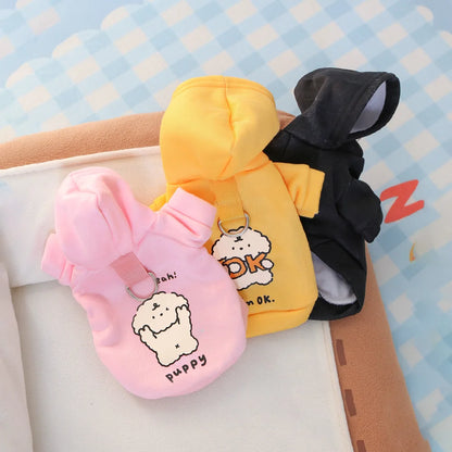 Autumn/Winter Pet Hoodies – Milk Silk & Flannel, Cute Dog Print with Drawstring