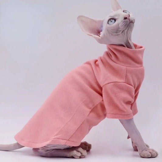 Pure Pink Hairless Cat Vest – All-Season Cotton Turtleneck for Sphynx & Devon
