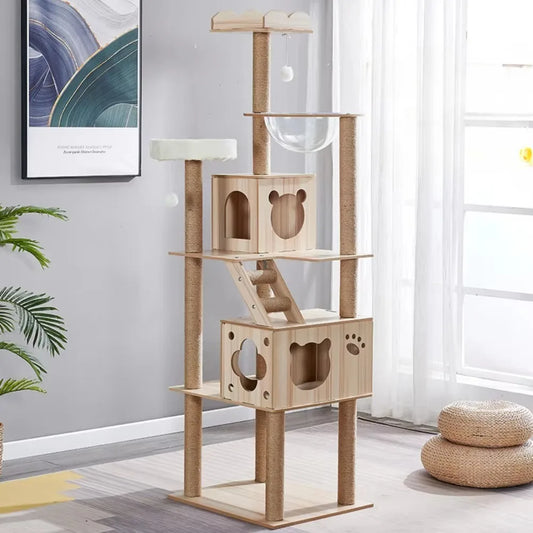 5-Tier Solid Wood Cat Tree – Luxury Castle with Scratching Posts, Hammock & Capsule