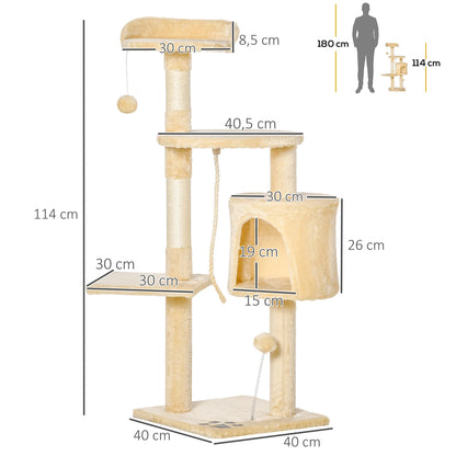 4-Tier Cat Tree with Scratching Posts, Plush Booth & Play Balls – Multi-Level Playhouse for Cats