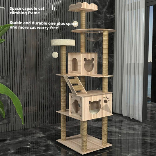 5-Tier Solid Wood Cat Tree – Luxury Castle with Scratching Posts, Hammock & Capsule