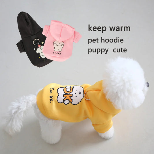 Autumn/Winter Pet Hoodies – Milk Silk & Flannel, Cute Dog Print with Drawstring