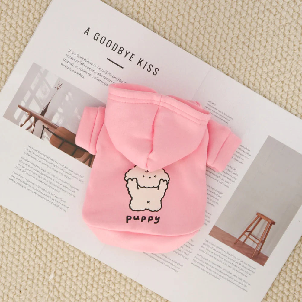 Autumn/Winter Pet Hoodies – Milk Silk & Flannel, Cute Dog Print with Drawstring