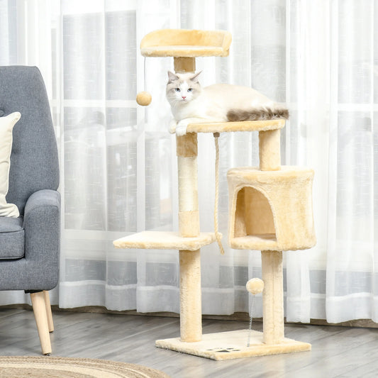 4-Tier Cat Tree with Scratching Posts, Plush Booth & Play Balls – Multi-Level Playhouse for Cats