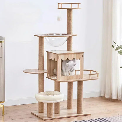 5-Tier Solid Wood Cat Tree – Luxury Castle with Scratching Posts, Hammock & Capsule